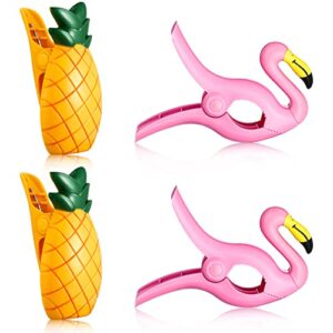 4 pieces beach towel clips chair holders portable towel holders for holiday pool (flamingo and pineapple style)