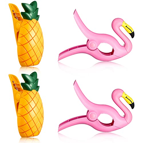 4 Pieces Beach Towel Clips Chair Holders Portable Towel Holders for Holiday Pool (Flamingo and Pineapple Style)