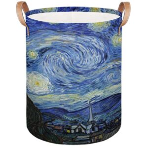 starry night large laundry hamper, laundry baskets with leather handle, collapsible waterproof portable folding clothes hamper for nursery, college dorm, bedroon, bathroom