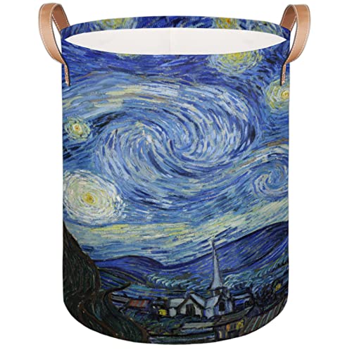 Starry Night Large Laundry Hamper, Laundry Baskets with Leather Handle, Collapsible Waterproof Portable Folding Clothes Hamper for Nursery, College Dorm, Bedroon, Bathroom