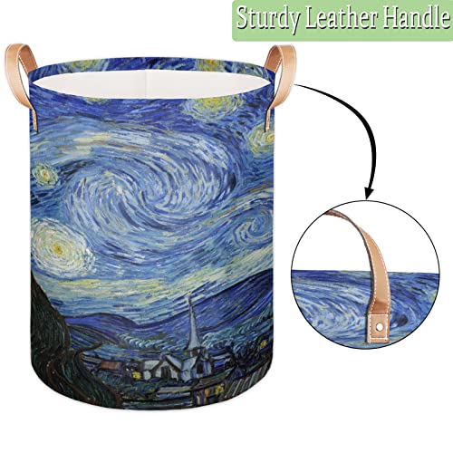 Starry Night Large Laundry Hamper, Laundry Baskets with Leather Handle, Collapsible Waterproof Portable Folding Clothes Hamper for Nursery, College Dorm, Bedroon, Bathroom