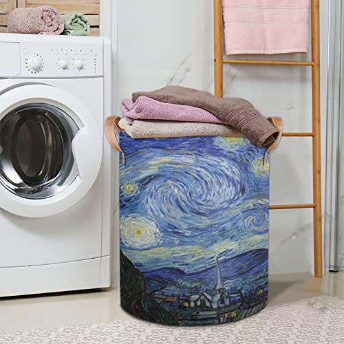 Starry Night Large Laundry Hamper, Laundry Baskets with Leather Handle, Collapsible Waterproof Portable Folding Clothes Hamper for Nursery, College Dorm, Bedroon, Bathroom