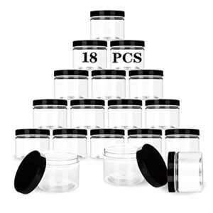 18 pack 10.8 oz plastic jars with lids, clear round pet wide-mouth container for slime, cosmetics, bathroom, kitchen, tool accessories, gift, and traveling storage, bpa free, black lids