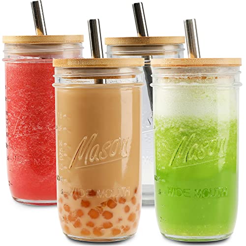 MASON 4 Pack Reusable Boba Tea Cups, Glass Jars 24oz Wide Mouth Smoothie Cups with Bamboo Lids and Silver Straws, for Drinking Bubble Tea and Iced Coffee Travel Bottle