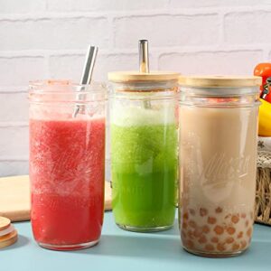 MASON 4 Pack Reusable Boba Tea Cups, Glass Jars 24oz Wide Mouth Smoothie Cups with Bamboo Lids and Silver Straws, for Drinking Bubble Tea and Iced Coffee Travel Bottle