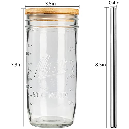 MASON 4 Pack Reusable Boba Tea Cups, Glass Jars 24oz Wide Mouth Smoothie Cups with Bamboo Lids and Silver Straws, for Drinking Bubble Tea and Iced Coffee Travel Bottle