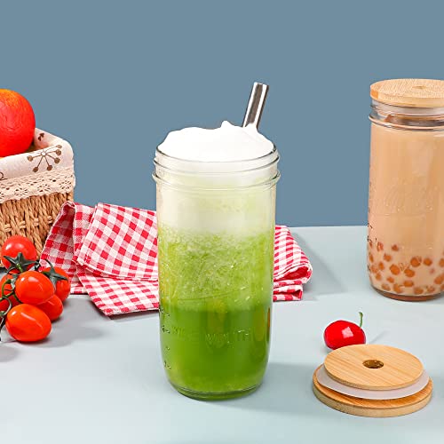 MASON 4 Pack Reusable Boba Tea Cups, Glass Jars 24oz Wide Mouth Smoothie Cups with Bamboo Lids and Silver Straws, for Drinking Bubble Tea and Iced Coffee Travel Bottle