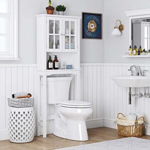 Spirich Bathroom Storage Cabinet Over Toilet, Over Toilet Storage Shelf Cabinet with Windowpane Glass Doors, Free Standing Space Saver Cabinet, White