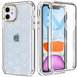 gan cheng compatible with iphone 11 case 6.1" 2019 with screen protector, shockproof tpu and hard pc cute bling glitter sparkle protective case for women & girls - clear holographic heart