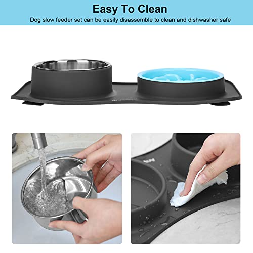 Anipaw Slow Feeder Dog Bowls 3 in 1 Stainless Steel Food and Water Bowls with Non-Spill and Skid Silicone Mat to Slow Down Eating for Large Medium Small Breed Size Dogs and Cats