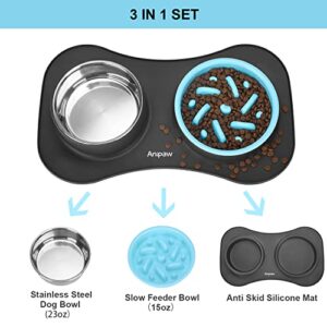Anipaw Slow Feeder Dog Bowls 3 in 1 Stainless Steel Food and Water Bowls with Non-Spill and Skid Silicone Mat to Slow Down Eating for Large Medium Small Breed Size Dogs and Cats