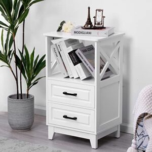 nightstand with 2 storage drawers, tall end table with wooden x-design for bedroom,living room white
