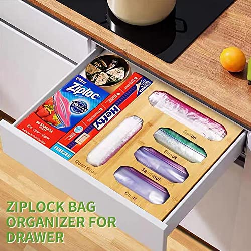 Sandwich Baggie Organizer, 5 Slots Ziplock Bag Storage Organizer, Bamboo Ziplock Bag Storage Organizer, for Kitchen Drawer & Wall Mount, Suitable for Gallon, Quart, Sandwich, and Snack Bags
