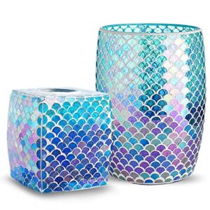 whole housewares bathroom wastebasket - glass mosaic decorative trash can dia 7.5" h 10" (fan shape) and mosaic glass tissue holder decorative tissue cover square box (fan shape)
