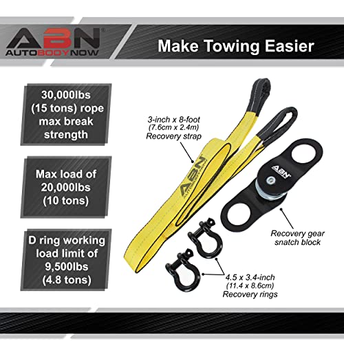 ABN Offroad Recovery Kit - 8ft Tow Strap with Winch Accessories 20,000lbs Snatch Block and 2pk D Ring Shackles