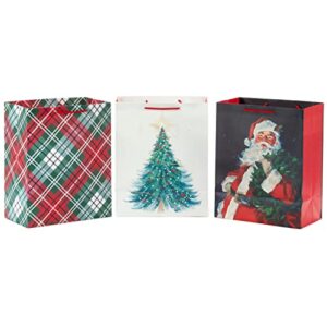 Hallmark 13" Large Christmas Gift Bag Set (3 Bags: Traditional Santa, Red and Green Plaid, Christmas Tree) for Friends, Family, Teachers, Coworkers