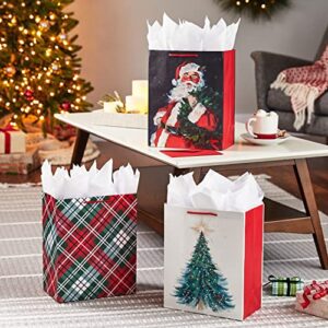 Hallmark 13" Large Christmas Gift Bag Set (3 Bags: Traditional Santa, Red and Green Plaid, Christmas Tree) for Friends, Family, Teachers, Coworkers