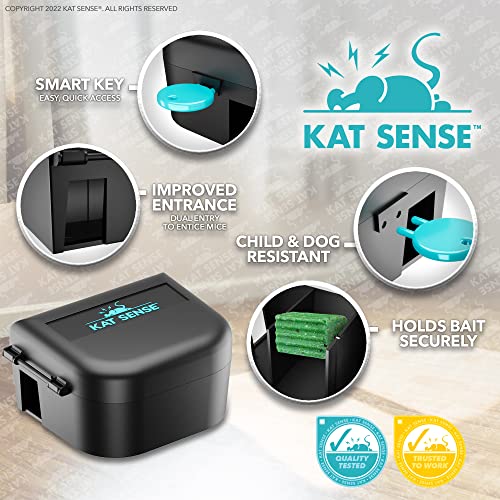 Kat Sense Mouse Bait Station, Rodent Box to Secure Mice Poison, Mouse Traps Outdoor, Tamper Proof Mousetraps No See Kill, New Better Design Opens Easily with Key & Entices Mice to Enter, Set of 4