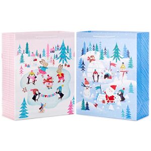 hallmark 15" extra large christmas gift bags (2 bags: pink and blue, penguins, hedgehogs, santa, snowmen, dog, bunny rabbits) for kids, grandchildren, baby showers