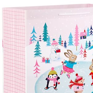 Hallmark 15" Extra Large Christmas Gift Bags (2 Bags: Pink and Blue, Penguins, Hedgehogs, Santa, Snowmen, Dog, Bunny Rabbits) for Kids, Grandchildren, Baby Showers