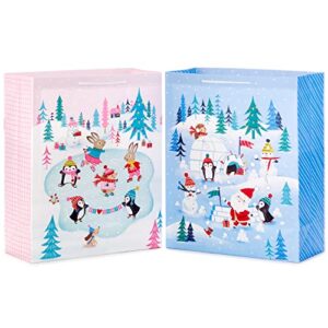 Hallmark 15" Extra Large Christmas Gift Bags (2 Bags: Pink and Blue, Penguins, Hedgehogs, Santa, Snowmen, Dog, Bunny Rabbits) for Kids, Grandchildren, Baby Showers