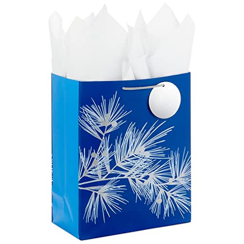 Hallmark 13" Large Holiday Gift Bag with Tissue Paper and Gift Tag (Dark Blue with Silver Pine Tree Branch) for Christmas, Hanukkah, Winter Solstice, Weddings