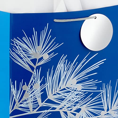 Hallmark 13" Large Holiday Gift Bag with Tissue Paper and Gift Tag (Dark Blue with Silver Pine Tree Branch) for Christmas, Hanukkah, Winter Solstice, Weddings