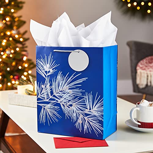 Hallmark 13" Large Holiday Gift Bag with Tissue Paper and Gift Tag (Dark Blue with Silver Pine Tree Branch) for Christmas, Hanukkah, Winter Solstice, Weddings