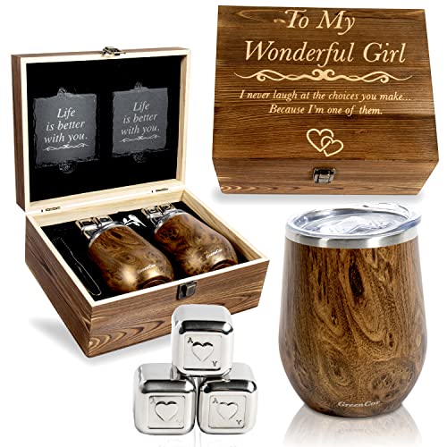 GreenCor Anniversary for Her | Girlfriend | Wife - Engraved 'To My Wonderful Girl' Wine Tumbler Set - Birthday Gifts for Her | Wedding Anniversary | Valentines day Romantic Set