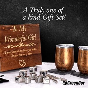 GreenCor Anniversary for Her | Girlfriend | Wife - Engraved 'To My Wonderful Girl' Wine Tumbler Set - Birthday Gifts for Her | Wedding Anniversary | Valentines day Romantic Set