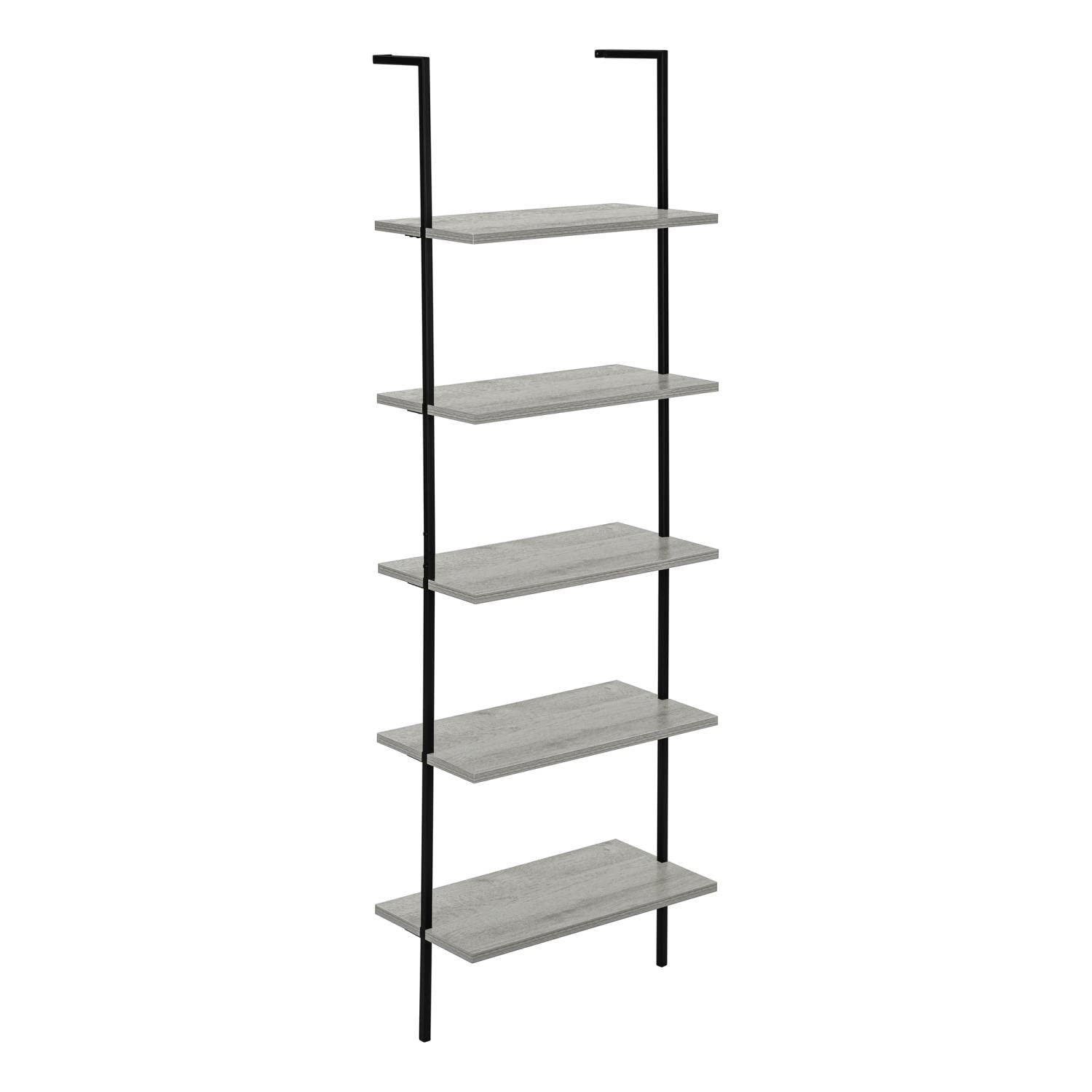 Monarch Specialties I 3681 Bookshelf, Bookcase, Etagere, Ladder, 5 Tier, 72" H, Office, Bedroom, Metal, Laminate, Grey, Black, Contemporary, Modern