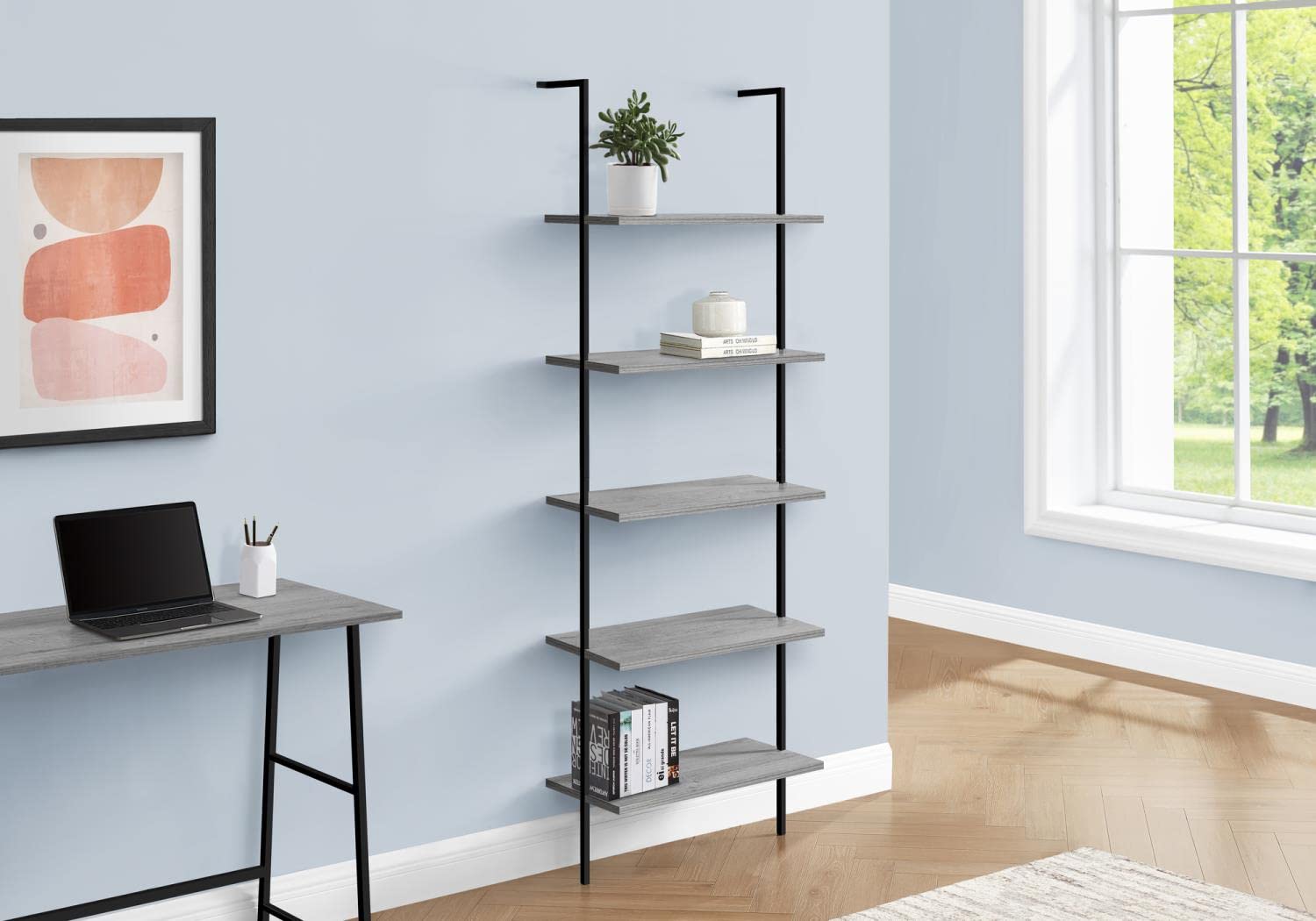 Monarch Specialties I 3681 Bookshelf, Bookcase, Etagere, Ladder, 5 Tier, 72" H, Office, Bedroom, Metal, Laminate, Grey, Black, Contemporary, Modern