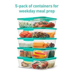 Sistema Nest It Meal Prep Food Storage Containers with Lids, 3 Compartments, 5-Pack, Teal