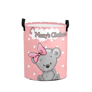 grandkli koala dots girl pink personalized freestanding laundry hamper, custom waterproof collapsible drawstring basket storage bins with handle for clothes, toy, 50cm x 36cm