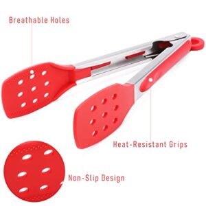 DAILY KISN 9 Inch Kitchen Tongs, Cooking Tongs with Slotted Silicone Tips and Stainless Steel Handle, Non Stick Heat Resistant Tongs for Cooking, Buffet, Salad Serving (9", Red)