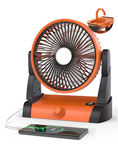 TriPole 10800mAh Battery Operated Fan for Camping with LED Light & Hanging Hook, Portable and Rechargeable Tent Fan with Digital Display Long-Lasting Fan for Outdoor Travel Car RV Desk