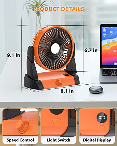 TriPole 10800mAh Battery Operated Fan for Camping with LED Light & Hanging Hook, Portable and Rechargeable Tent Fan with Digital Display Long-Lasting Fan for Outdoor Travel Car RV Desk