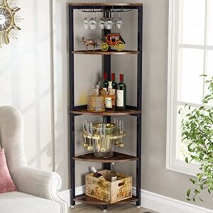 tribesigns corner shelf with glass holder, 5 tier corner bookshelf small bookcase wine bar cabinet with storage display rack for living room, kitchen, dining room, rustic brown