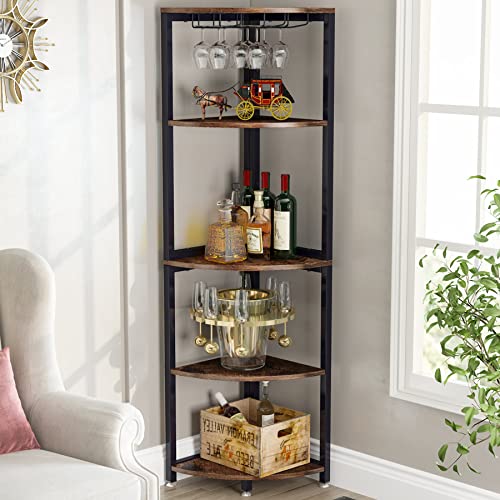 Tribesigns Corner Shelf with Glass Holder, 5 Tier Corner Bookshelf Small Bookcase Wine Bar Cabinet with Storage Display Rack for Living Room, Kitchen, Dining Room, Rustic Brown