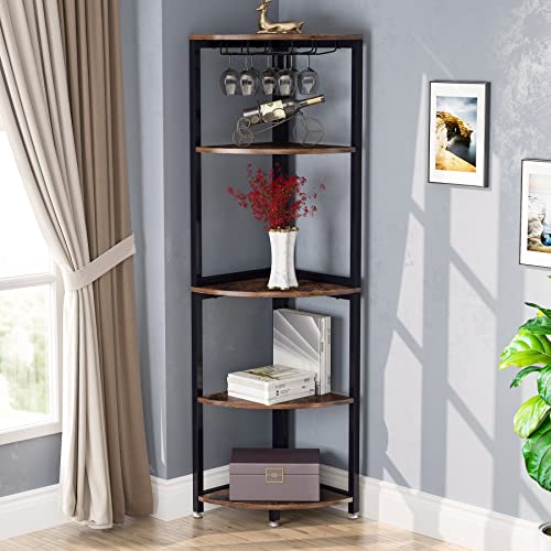 Tribesigns Corner Shelf with Glass Holder, 5 Tier Corner Bookshelf Small Bookcase Wine Bar Cabinet with Storage Display Rack for Living Room, Kitchen, Dining Room, Rustic Brown