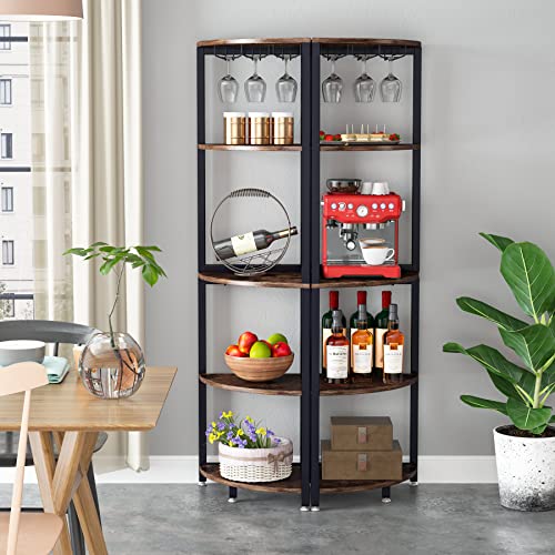 Tribesigns Corner Shelf with Glass Holder, 5 Tier Corner Bookshelf Small Bookcase Wine Bar Cabinet with Storage Display Rack for Living Room, Kitchen, Dining Room, Rustic Brown