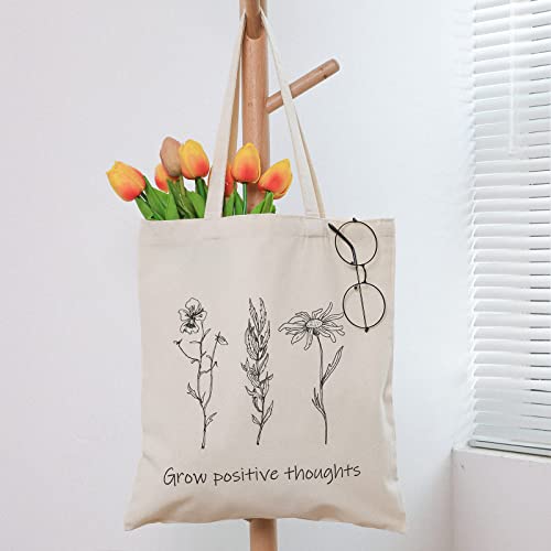 4 Pcs Canvas Tote Bag for Women Floral Cat Mushroom Tote Bags Aesthetic Reusable Shopping Tote Bag for Girls Christmas Gift(Wildflower)