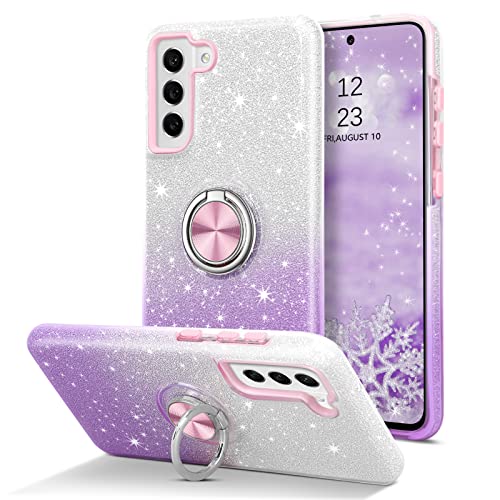 GUAGUA Compatible with Samsung Galaxy S21 FE 5G Case 6.4 Inch Glitter Sparkle Bling Cover for Girls Women with Ring Holder Kickstand Shockproof Protective Case for Galaxy S21 FE, Gradient Purple