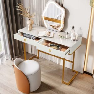 erommy modern makeup vanity dressing table with wood top and metal frame, vanity desk with drawers for home office, bedroom, gold-white