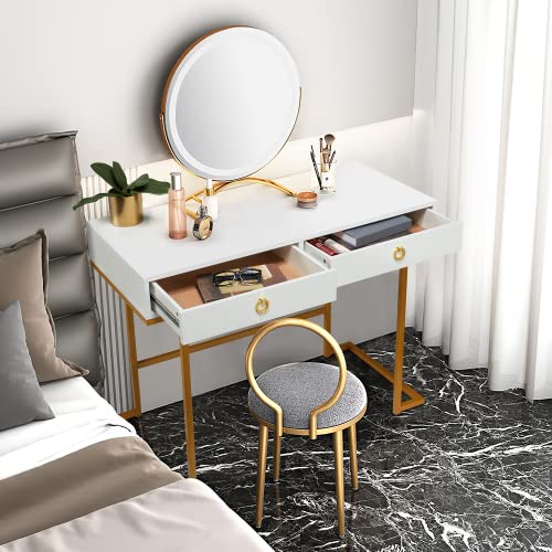 EROMMY Modern Makeup Vanity Dressing Table with Wood Top and Metal Frame, Vanity Desk with Drawers for Home Office, Bedroom, Gold-White