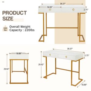 EROMMY Modern Makeup Vanity Dressing Table with Wood Top and Metal Frame, Vanity Desk with Drawers for Home Office, Bedroom, Gold-White