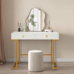 EROMMY Modern Makeup Vanity Dressing Table with Wood Top and Metal Frame, Vanity Desk with Drawers for Home Office, Bedroom, Gold-White