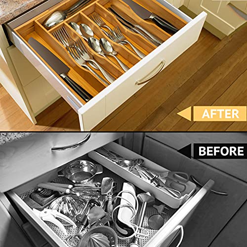 Bellsal Silverware Organizer 2 PIECE with grooves Kitchen Drawer Organizer Expandable Bamboo Utensil Holder Cutlery Tray for Kitchen Utensil and Flatware