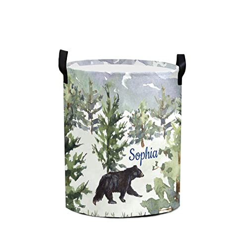 Laundry Basket Forest Bear Custom Name Laundry Bag Hamper Collapsible Oxford Cloth Home Storage Bin with Handles