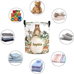 Laundry Basket Forest Bear Custom Name Laundry Bag Hamper Collapsible Oxford Cloth Home Storage Bin with Handles